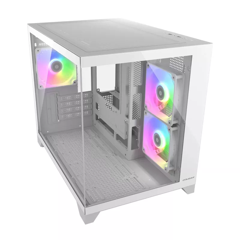 Mini Tower PC skriňa Cougar FV150 ARGB biela — Micro-ATX / Mini-ITX, bočné okno, 2x120mm + 1x120mm ventilátory, 2,5 palcové a 3,5 palcové pozície