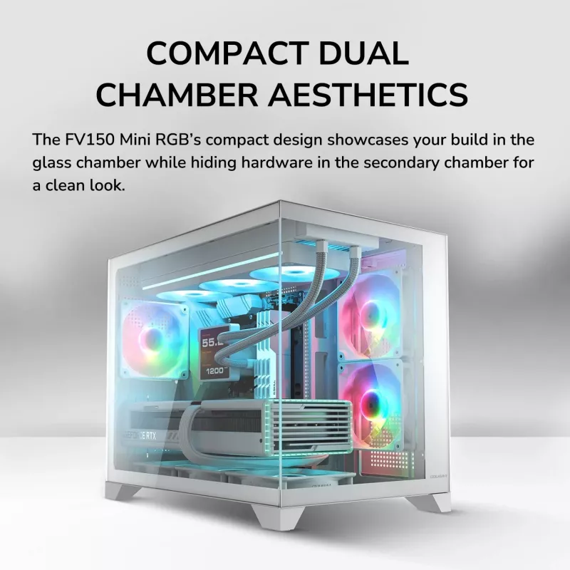 Mini Tower PC skriňa Cougar FV150 ARGB biela — Micro-ATX / Mini-ITX, bočné okno, 2x120mm + 1x120mm ventilátory, 2,5 palcové a 3,5 palcové pozície