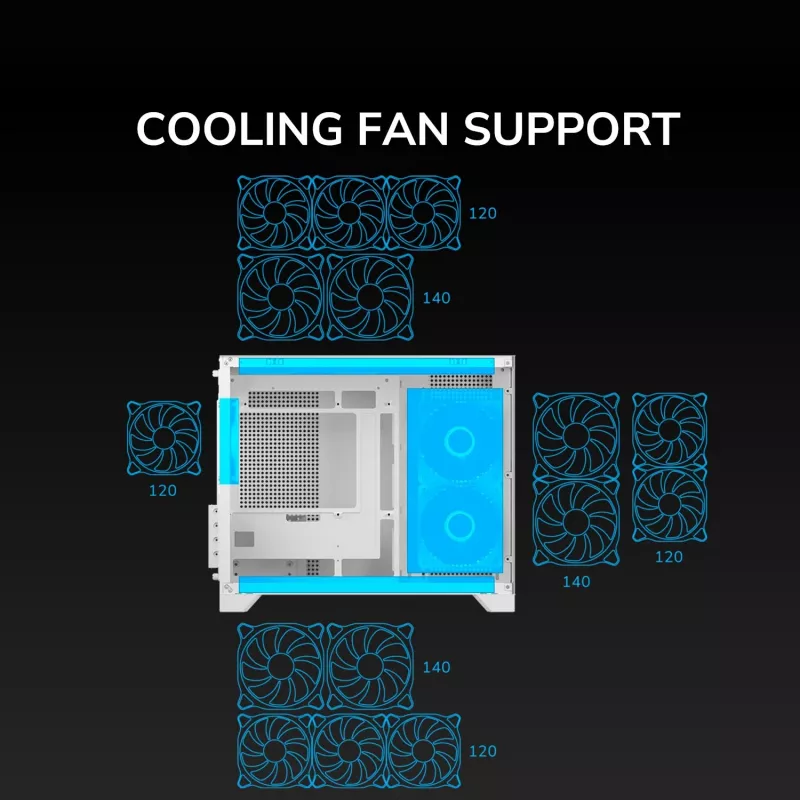 Mini Tower PC skriňa Cougar FV150 ARGB biela — Micro-ATX / Mini-ITX, bočné okno, 2x120mm + 1x120mm ventilátory, 2,5 palcové a 3,5 palcové pozície
