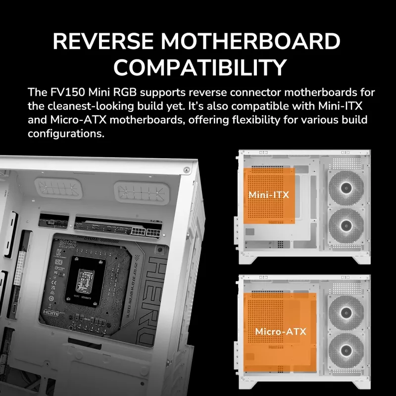 Mini Tower PC skriňa Cougar FV150 ARGB biela — Micro-ATX / Mini-ITX, bočné okno, 2x120mm + 1x120mm ventilátory, 2,5 palcové a 3,5 palcové pozície