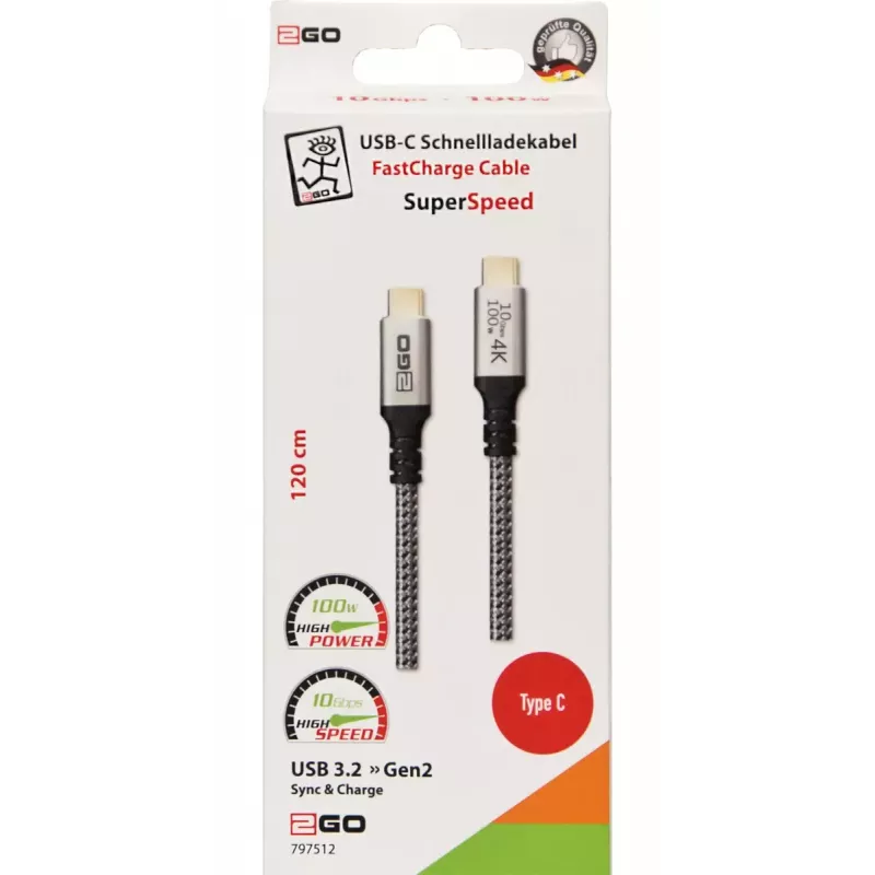 USB kábel 2GO 797512 USB 3.2 Gen 2 1,2 m USB C čierny strieborný