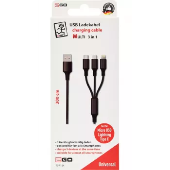 USB kábel 2GO 797154 3m USB B USB C/Micro-USB B/Lightning čierny