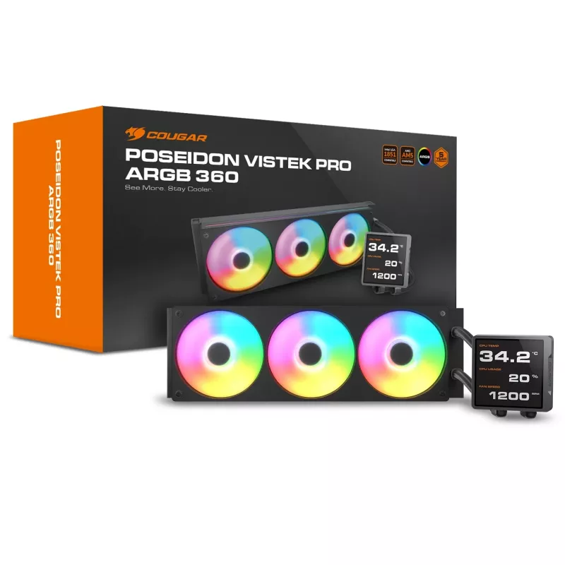 All-in-One kvapalinový chladič CPU Cougar Poseidon Vistek Pro 360, ARGB, 120-mm ventilátory, čierny, podpora viacerých socketov
