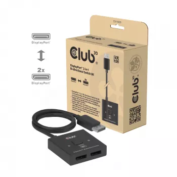 DisplayPort 2-in-1 obojsmerný switch CLUB3D CSV-1009 — 2x DisplayPort výstupy, 8K@60Hz, čierna
