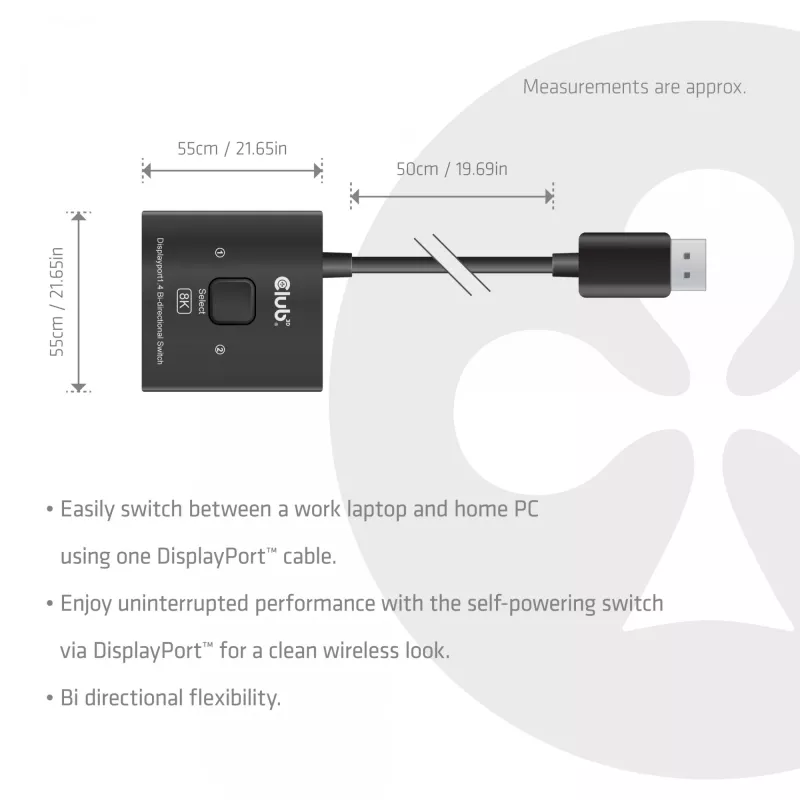 DisplayPort 2-in-1 obojsmerný switch CLUB3D CSV-1009 — 2x DisplayPort výstupy, 8K@60Hz, čierna