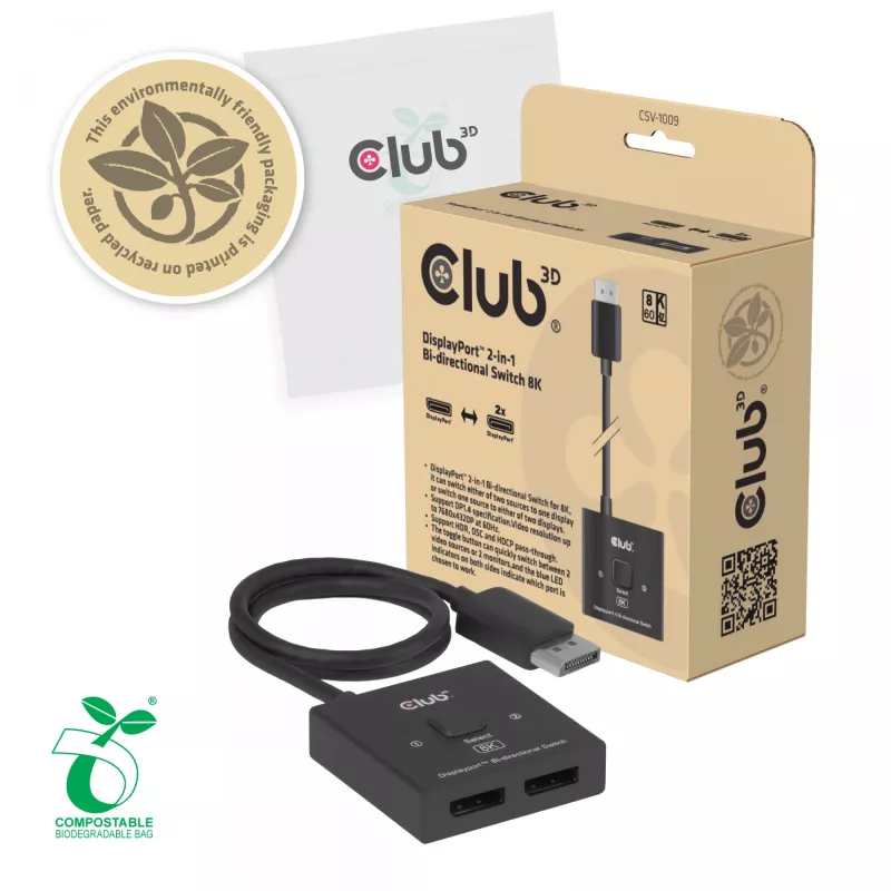 DisplayPort 2-in-1 obojsmerný switch CLUB3D CSV-1009 — 2x DisplayPort výstupy, 8K@60Hz, čierna
