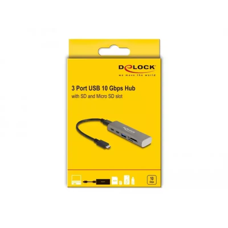 DeLOCK 3 port USB hub 10 Gbps so SD Micro SD čítačkou kariet Type-C