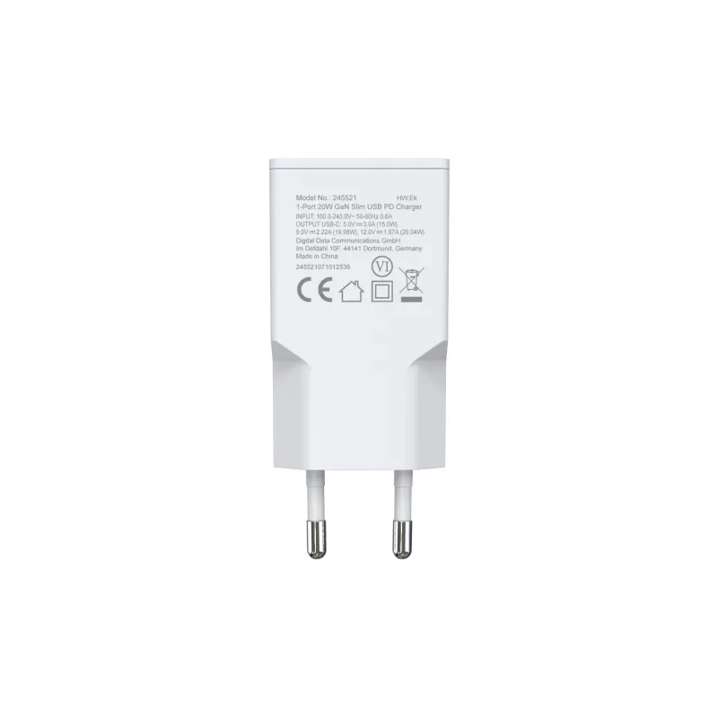 Nástenná nabíjačka EQUIP 1-portová 20W GaN USB-C PD — vstup 100–240V, max. výstup 12V, biela
