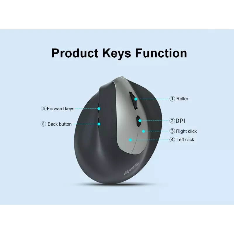 EQUIP ergonomická vertikálna bezdrôtová myš pre pravákov, 1600 DPI, RF Wireless + Bluetooth, nabíjateľná, 6 tlačidiel, čierna