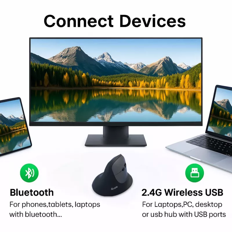 EQUIP ergonomická vertikálna bezdrôtová myš pre pravákov, 1600 DPI, RF Wireless + Bluetooth, nabíjateľná, 6 tlačidiel, čierna
