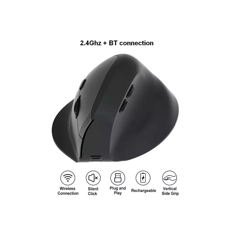 EQUIP ergonomická vertikálna bezdrôtová myš pre pravákov, 1600 DPI, RF Wireless + Bluetooth, nabíjateľná, 6 tlačidiel, čierna
