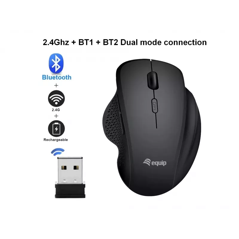EQUIP 6-tlačidlový nabíjateľný dvojmódový bezdrôtový myš – pre pravákov, optický 1600 DPI, RF Wireless + Bluetooth, čierna