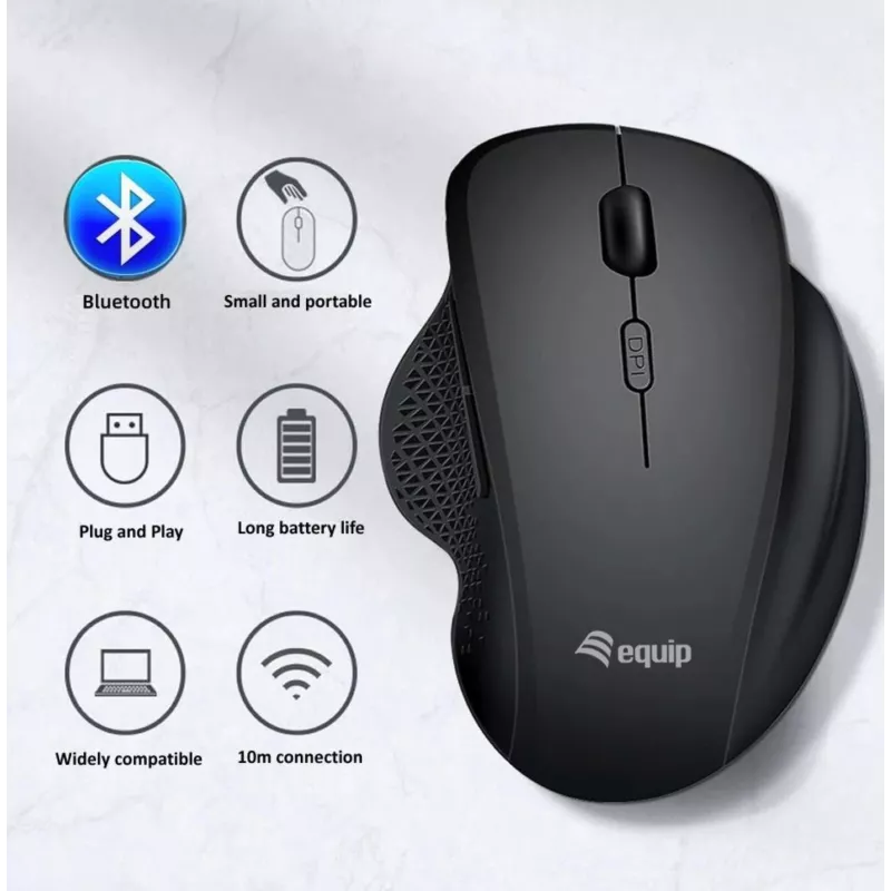 EQUIP 6-tlačidlový nabíjateľný dvojmódový bezdrôtový myš – pre pravákov, optický 1600 DPI, RF Wireless + Bluetooth, čierna