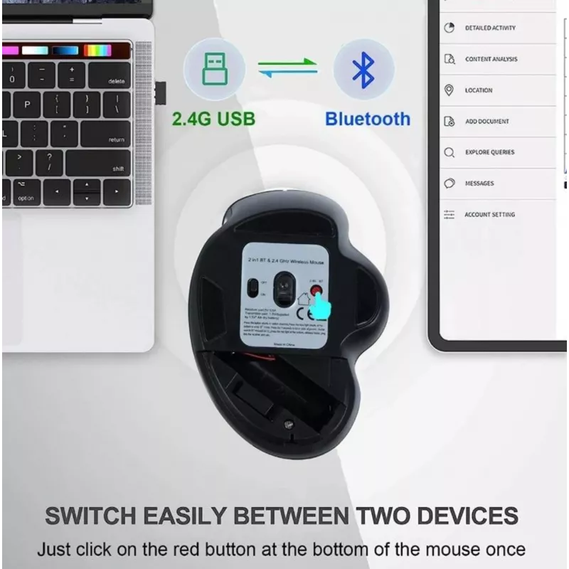 EQUIP 6-tlačidlový nabíjateľný dvojmódový bezdrôtový myš – pre pravákov, optický 1600 DPI, RF Wireless + Bluetooth, čierna