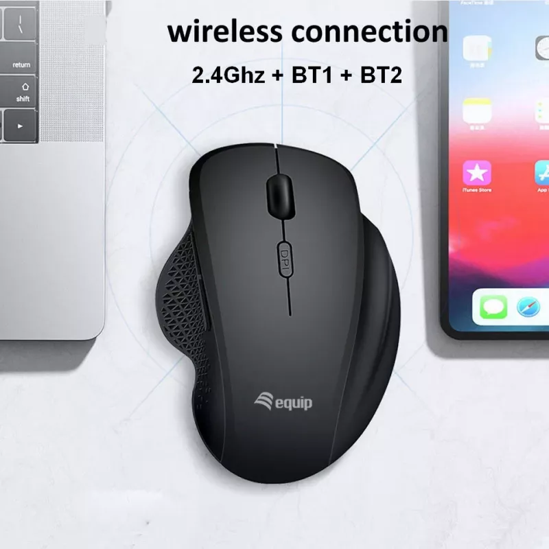 EQUIP 6-tlačidlový nabíjateľný dvojmódový bezdrôtový myš – pre pravákov, optický 1600 DPI, RF Wireless + Bluetooth, čierna