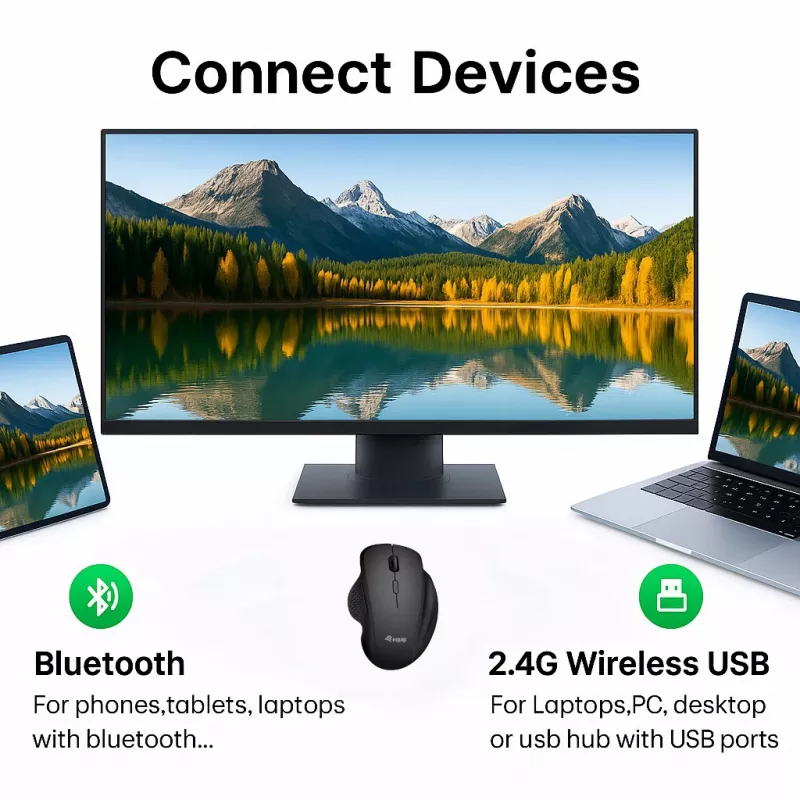 EQUIP 6-tlačidlový nabíjateľný dvojmódový bezdrôtový myš – pre pravákov, optický 1600 DPI, RF Wireless + Bluetooth, čierna