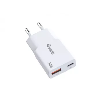 EQUIP 2-portový 30W GaN tenký USB PD napájací zdroj — USB‑C x1, USB‑A x1, 100–240V vstup, max 20V výstup, biela