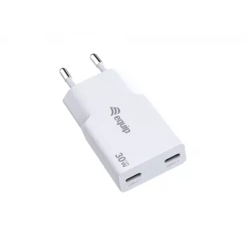 EQUIP 2-portový 30W GaN tenký USB-C PD napájací zdroj — 2 USB-C konektory, 100–240 V vstup, max. 20 V výstup, biela