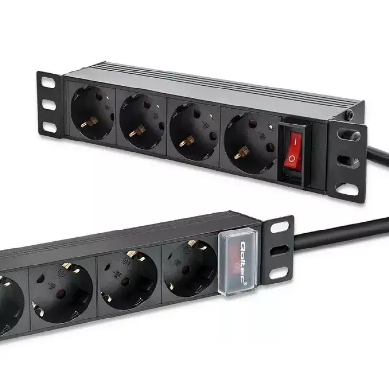 Zásuvkový blok QOLTEC 54603 — 1U rack-montovateľný, 16A vstup, 4× Schutzkontakt zásuvky