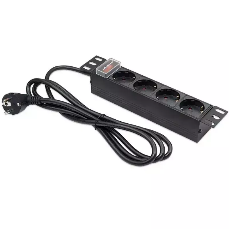Zásuvkový blok QOLTEC 54603 — 1U rack-montovateľný, 16A vstup, 4× Schutzkontakt zásuvky