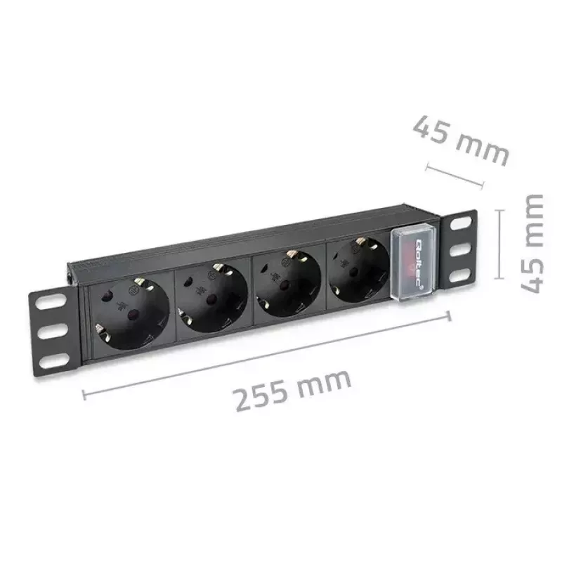 Zásuvkový blok QOLTEC 54603 — 1U rack-montovateľný, 16A vstup, 4× Schutzkontakt zásuvky