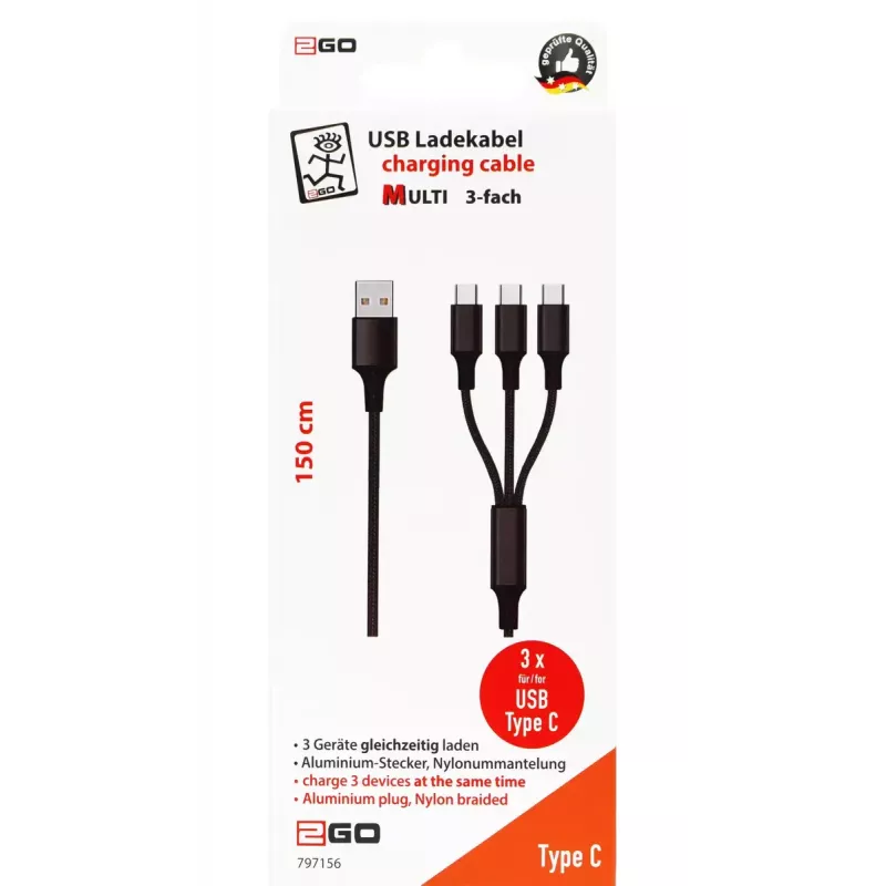 USB kábel 2GO 797156 1,5 m USB B 3 x USB C čierny