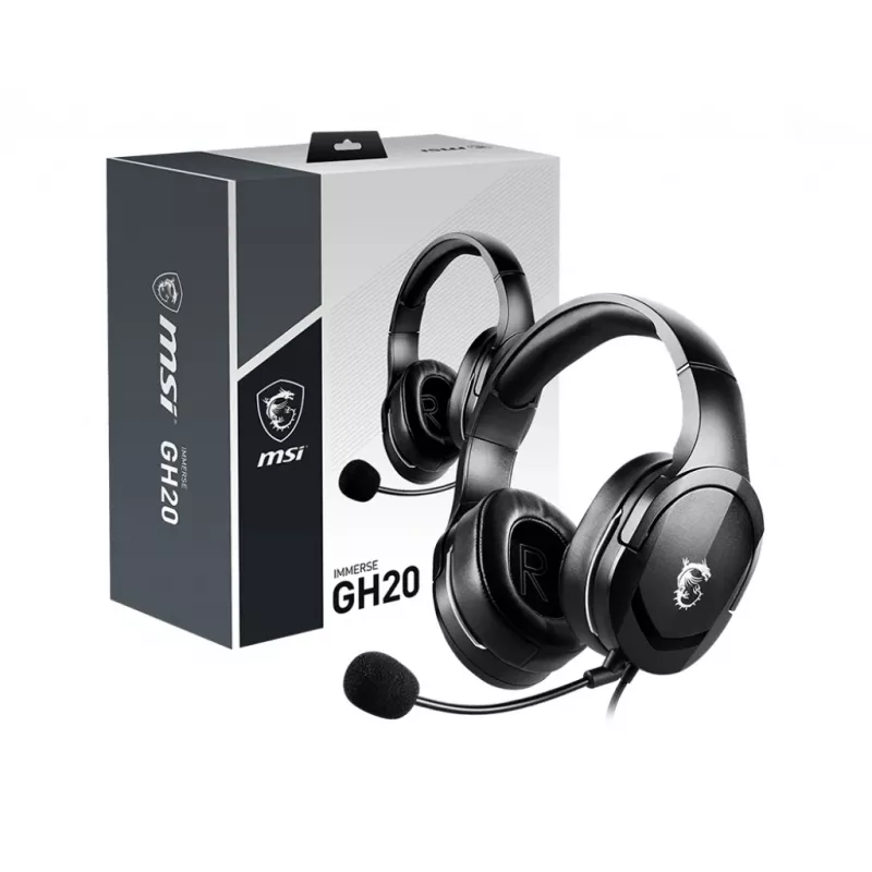 MSI IMMERSE GH20 herný headset '3,5-mm-Inline s audio splitter príslušenstvom, čierny, 40-mm meniče, jednosmerný mikrofón, PC a multiplatformová kompatibilita'