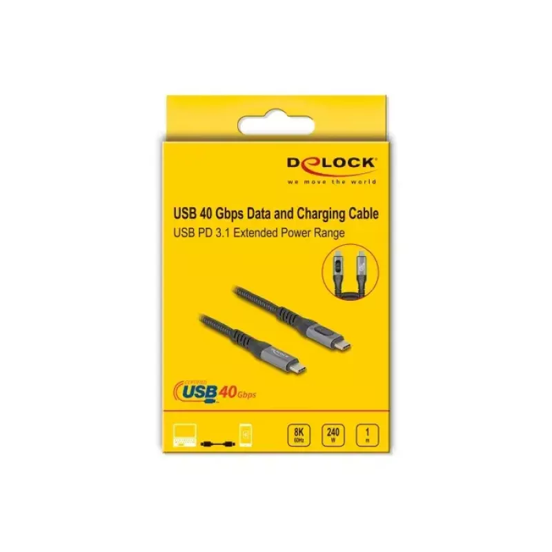 DeLOCK USB 40 Gbps dátový a rýchlonabíjací koaxiálny kábel 1 m USB PD 3.1 240 W