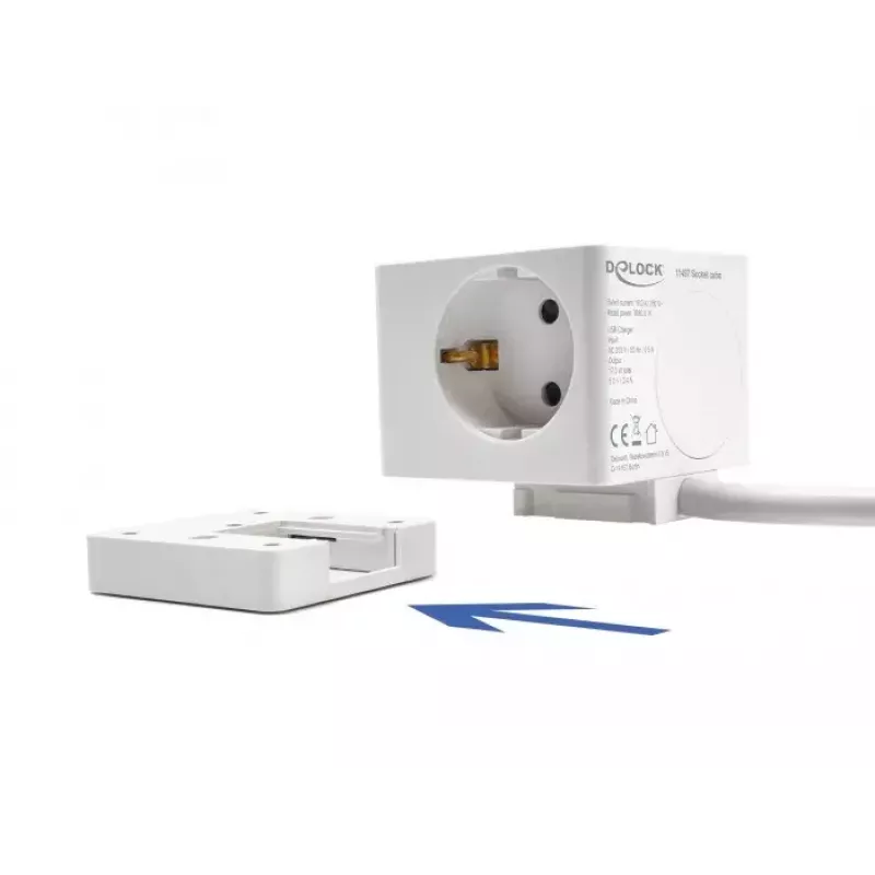 DeLOCK 11497 3-násobná zásuvková kocka s 1,5 m predlžovacím káblom, USB nabíjačka, detská poistka, biela