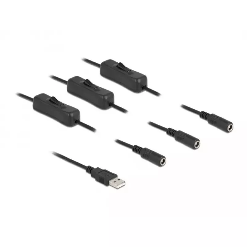 USB Type-A konektor samec na 3 x DC 5,5 x 2,1 mm konektor samica s vypínačom DeLOCK 86798