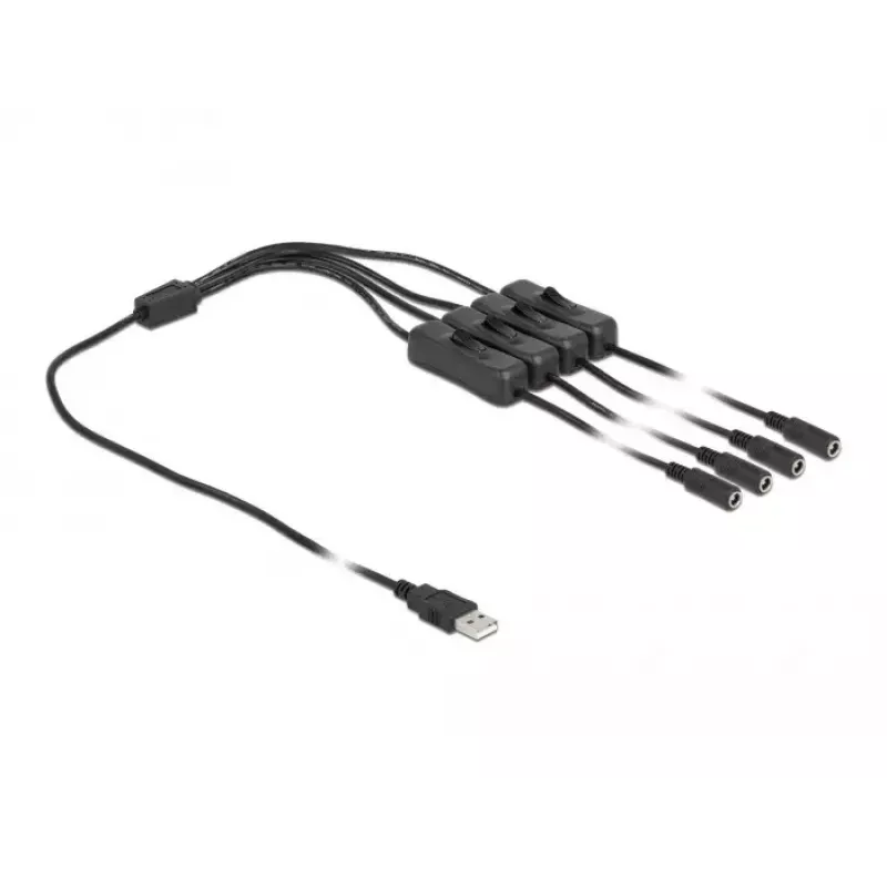 USB Type-A konektor samec na 4 x DC 5,5 x 2,1 mm konektor samica s vypínačom DeLOCK 86799
