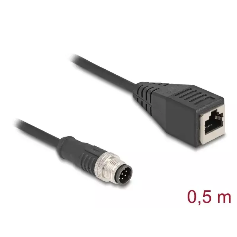 Sieťový kábel DeLOCK M12 kábel A-kódovaný 8-polový konektor samec na konektor samica RJ45 Cat5e 0,5 m čierny