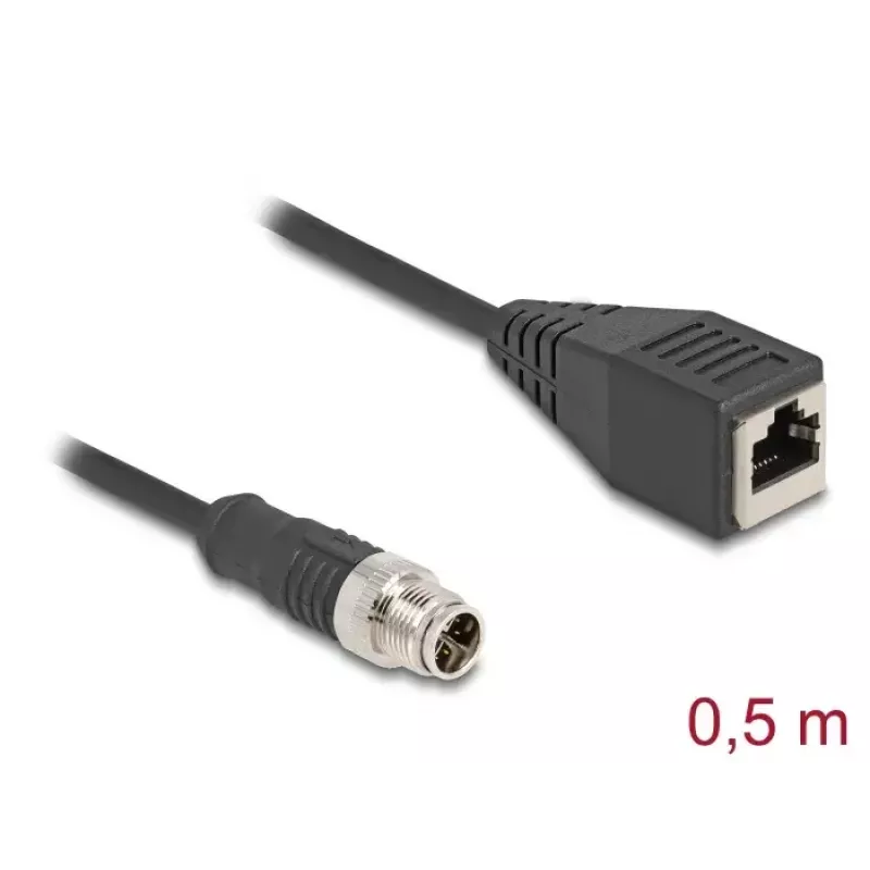 DeLOCK M12 kábel X-kódovaný 8 pin konektor samec na konektor samica RJ45 Cat5e 0,5 m čierny