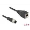 Priemyselný ethernetový kábel DeLOCK M12 kábel D-kódovaný 4-polový konektor samec na konektor samica RJ45 Cat5e 0,5 m čierny