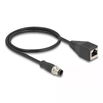 Priemyselný ethernetový kábel DeLOCK M12 kábel D-kódovaný 4-polový konektor samec na konektor samica RJ45 Cat5e 0,5 m čierny