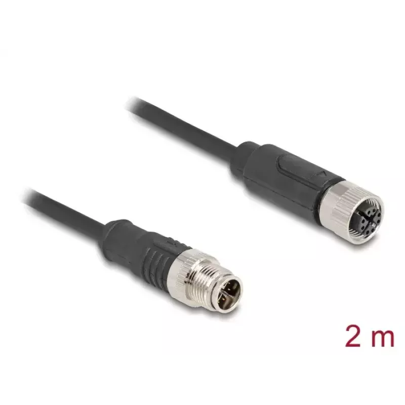 Sieťový kábel DeLOCK M12 kábel X-kódovaný 8-polový konektor samec na konektor samica Cat5e 2 m čierny