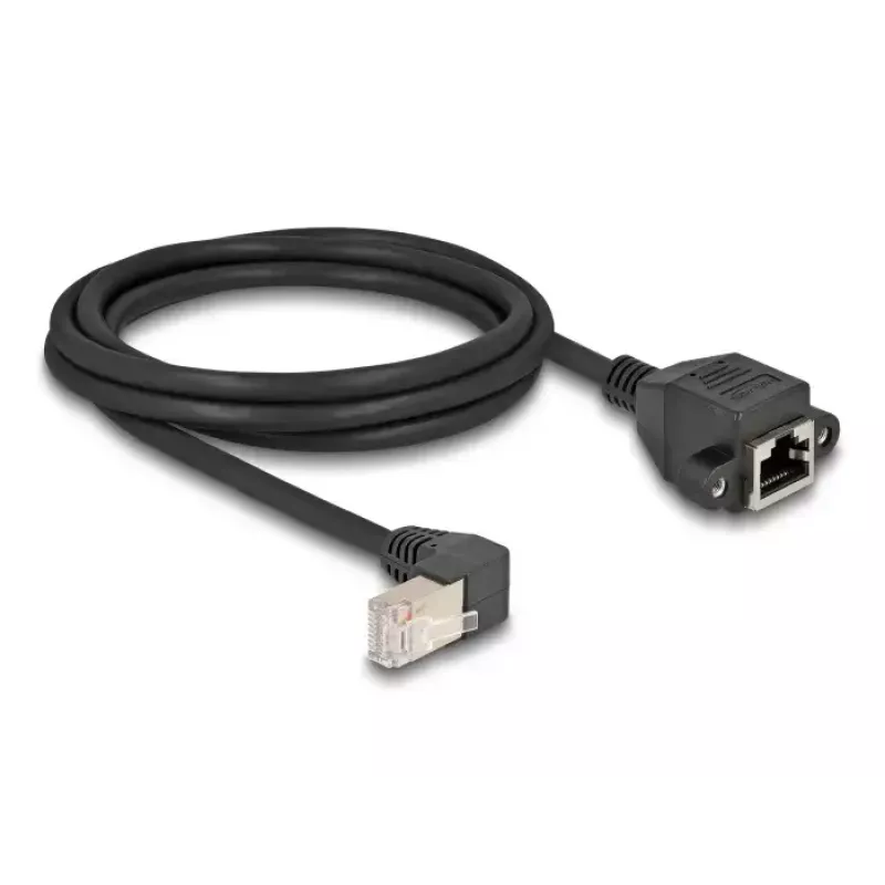 DeLOCK sieťový predlžovací kábel S/FTP RJ45 90° zahnutý na RJ45 Cat.6A 2 m čierny