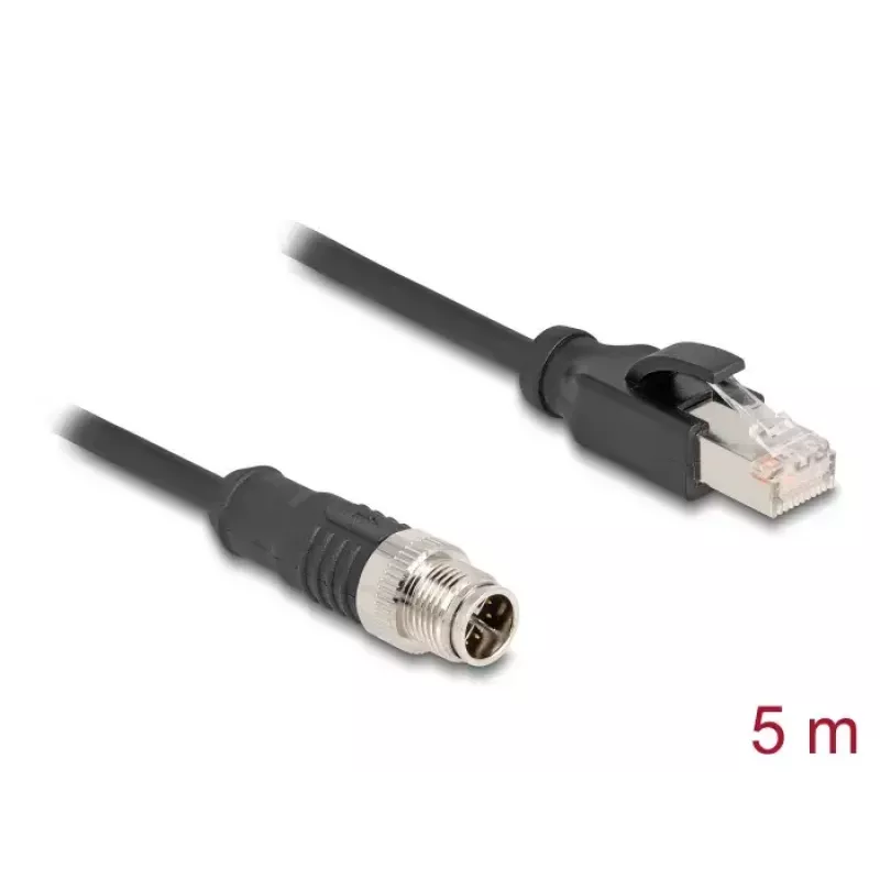 Sieťový kábel DeLOCK M12 kábel X-kódovaný 8-pólový konektor samec na RJ45 konektor samec Cat5e 5 m čierny