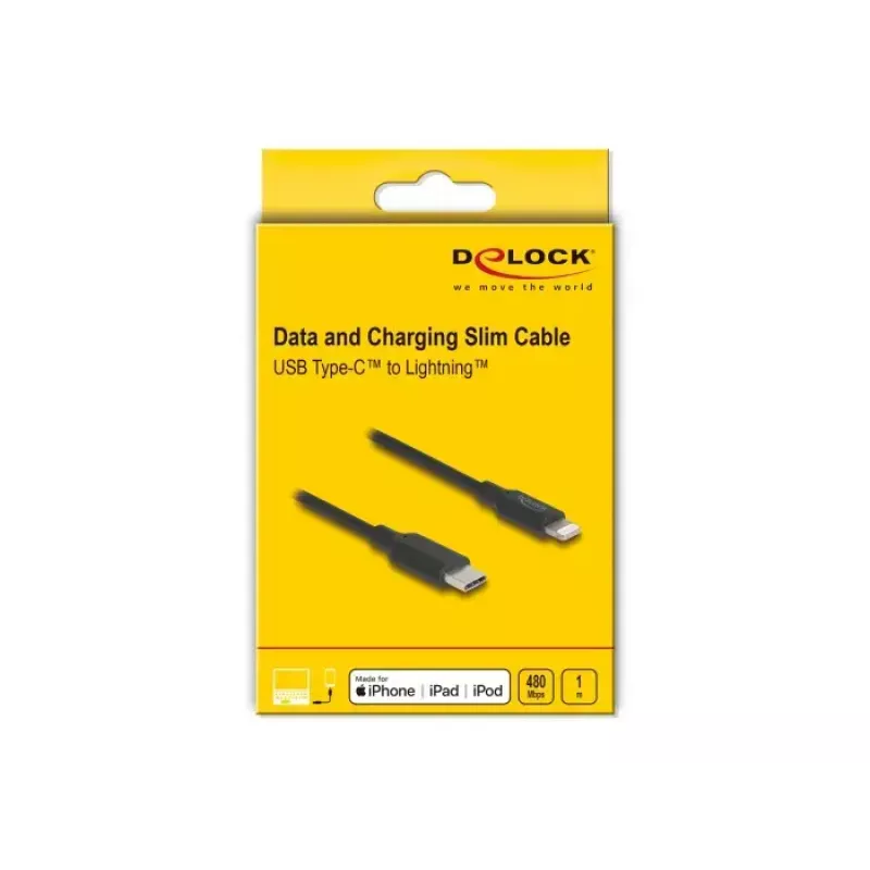 Kábel DELOCK USB-C na Lightning tenký 1 m, Lightning ↔ USB-C, 9 V 3 A, 3,3 mm, MFi