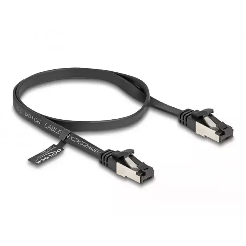 Sieťový kábel DeLOCK RJ45 plochý patch kábel konektor samec na konektor samec Cat.8.1 flexibilný 0,5 m čierny