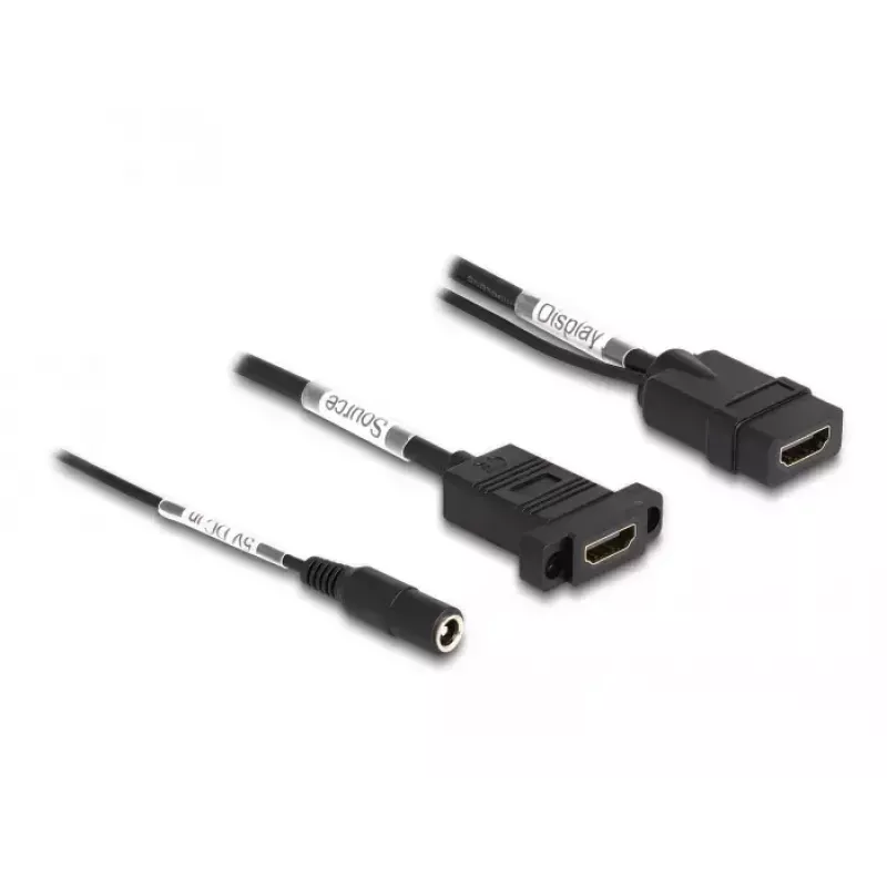 DeLOCK HDMI kábel 4K 60 Hz s DC napájaním 2,1 x 5,5 mm 0,30 m Panel-Mount