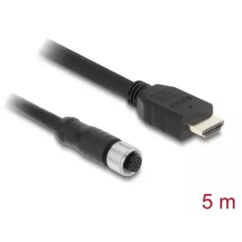 Kábel DELOCK M12 A-kódovaný 17-pólový konektor samica na HDMI konektor samec 5 m čierny