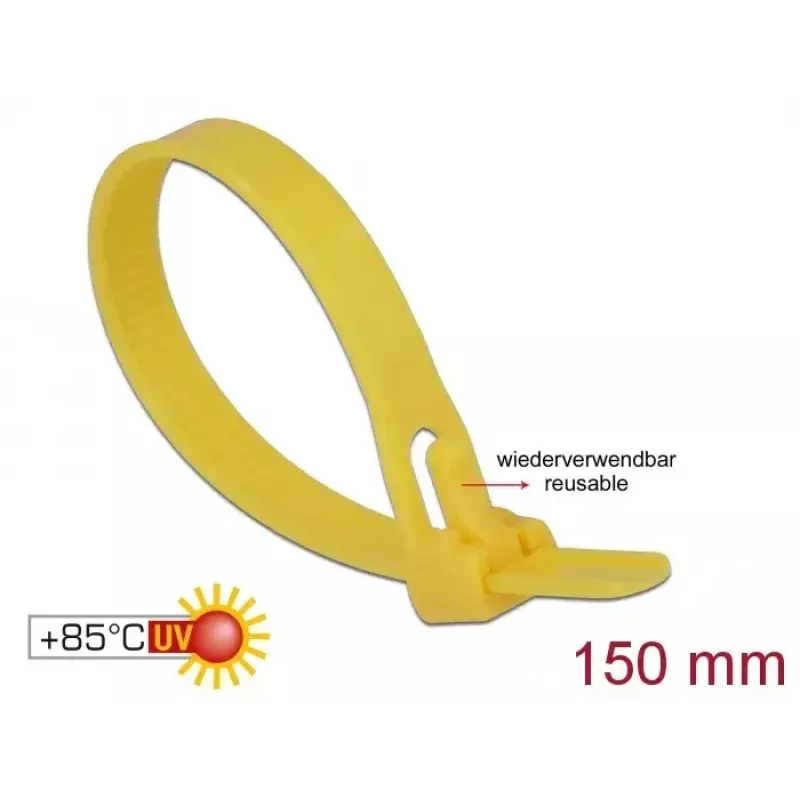 Odnímateľná káblová spona DELOCK 18760 — nylon, 150×7,5 mm, žltá, 100 ks