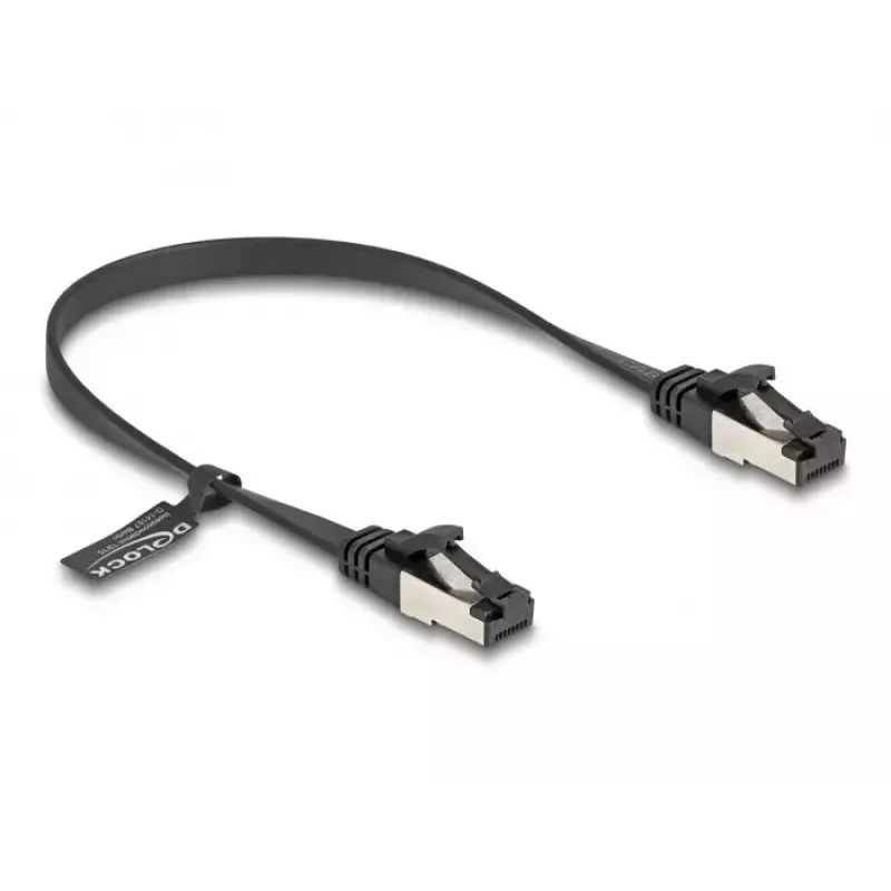 Sieťový kábel DeLOCK RJ45 plochý patch kábel konektor samec na konektor samec Cat.8.1 0,25 m čierny