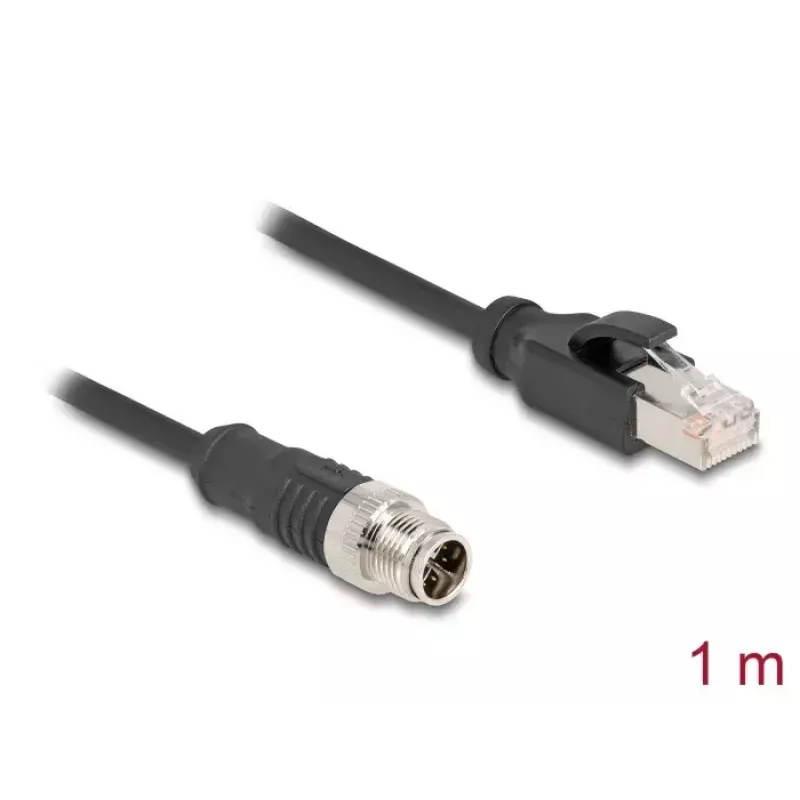 Sieťový kábel DeLOCK M12 kábel X-kódovaný 8-pólový konektor samec na RJ45 konektor samec Cat5e 1 m čierny