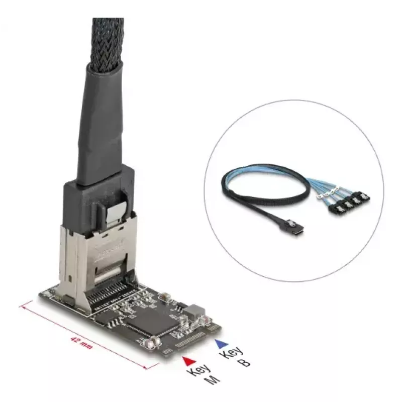DELOCK interná M.2 na Mini-SAS adaptérová karta 64260, M.2 host, Mini-SAS výstup, JMicron JMB585, čierna, LED