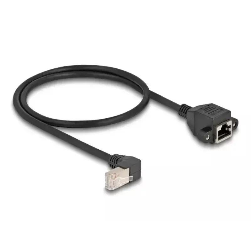 DELOCK Sieťový predlžovací kábel S/FTP RJ45 90° zahnutý na RJ45 Cat.6A 0,5 m čierny