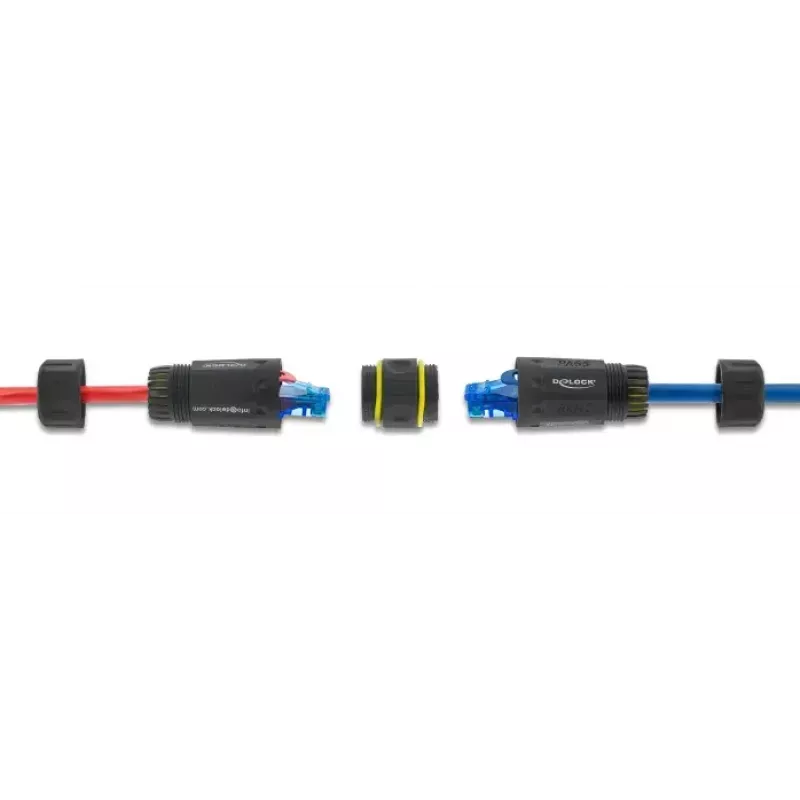 Spojovací adaptér DELOCK RJ45 konektor samica na RJ45 konektor samica so závitom M23, Cat.6a/Cat.7, IP68, čierny