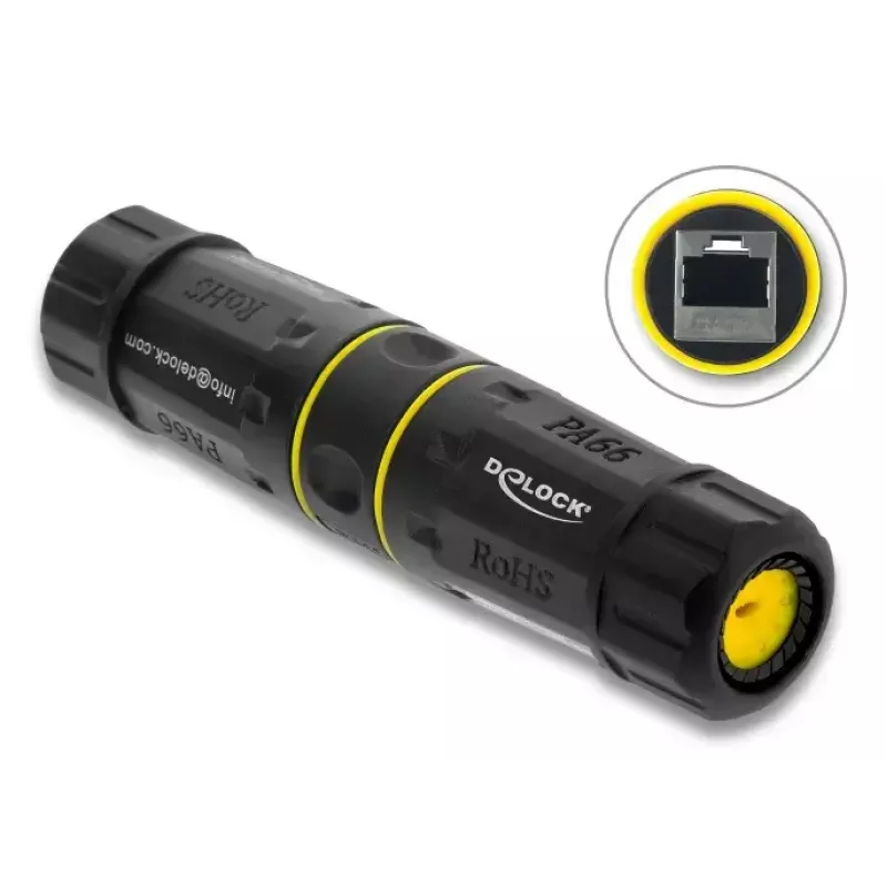 Spojovací adaptér DELOCK RJ45 konektor samica na RJ45 konektor samica so závitom M23, Cat.6a/Cat.7, IP68, čierny