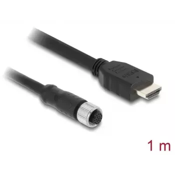 DELOCK M12 A-kódovaný 17-pólový (konektor samica) na HDMI (konektor samec) kábel — 1 m, čierny